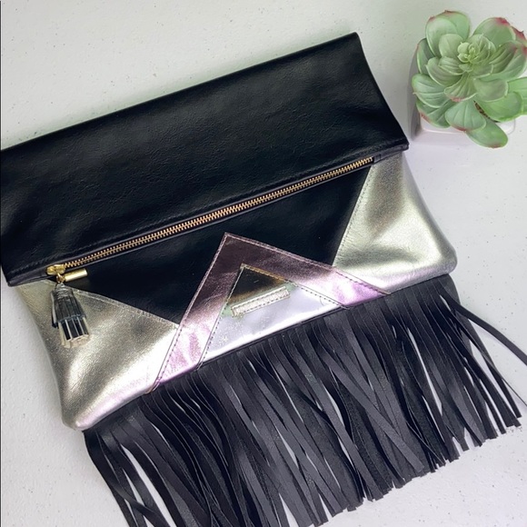 Handbags - Black and Silver Fold Over Clutch W/ Fringe